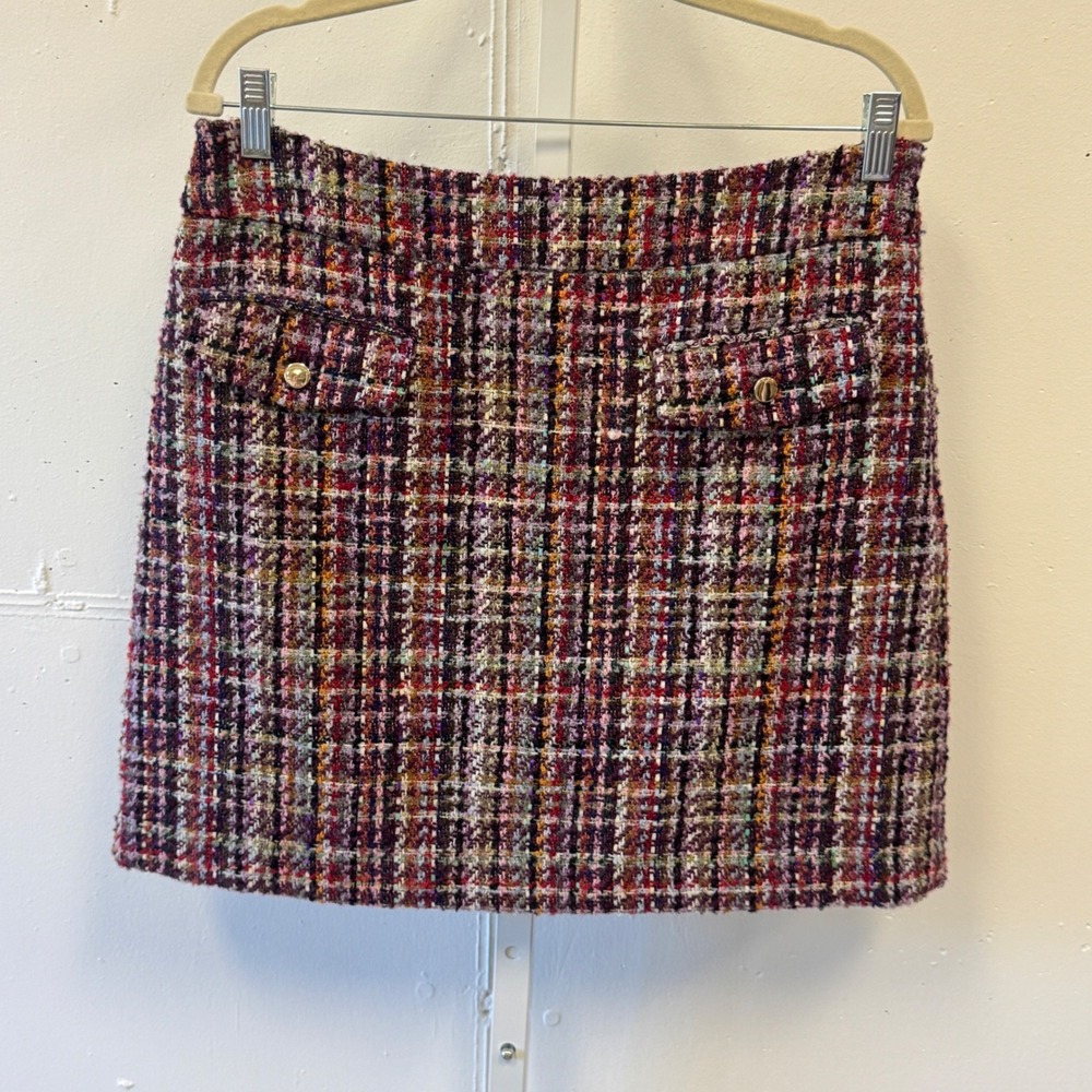Loft Multi Color Tweed Plaid Mini Skirt Gold Button Front Size 10 Purple Red